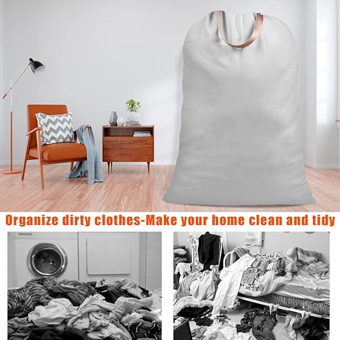 Cotton Canvas Laundry Bag with Handles & Drawstring Straps, Heavy Duty Extra Large Laundry Bags for Laundromat and Household, Washable Travel Dirty Clothes Bag Hamper Liner, 25.5 x 34 Inch,
