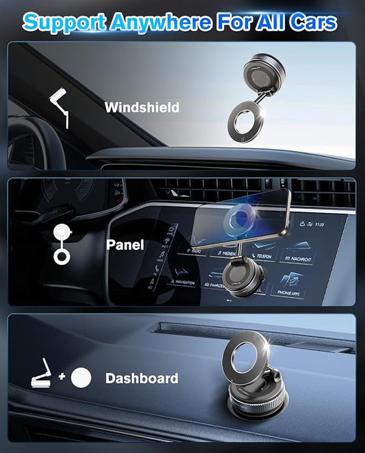 Vacuum Suction Magnetic Phone Holder, 2025 Upgraded Magnetic Car Phone Mount for Magsafe, 360°Adjustable Foldable Portable Suction Cup Phone Holder for Cars/Gyms/Mirrors/Smooth Surface