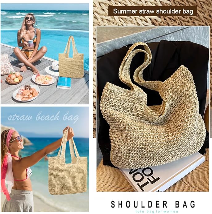 Straw Beach Bags for Women Woven Beach Tote Bag Casual Boho Large Shoulder Handbags Purse for Vacation Holiday