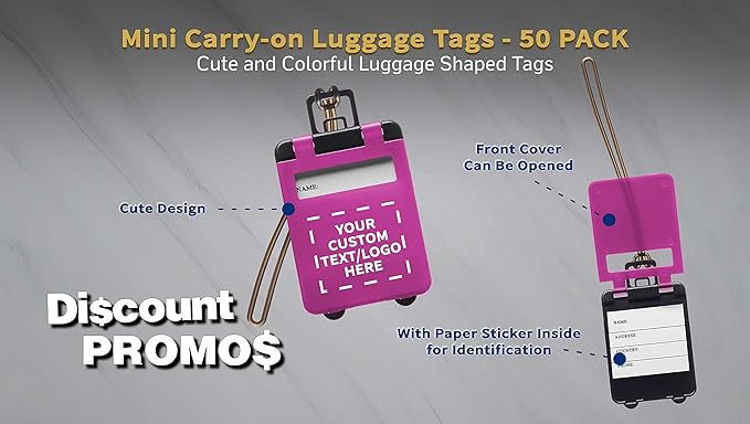 50 Mini Carry-on Luggage Tags Pack - Customizable Text, Logo - Flip Open Cover, ID Sticker - Purple
