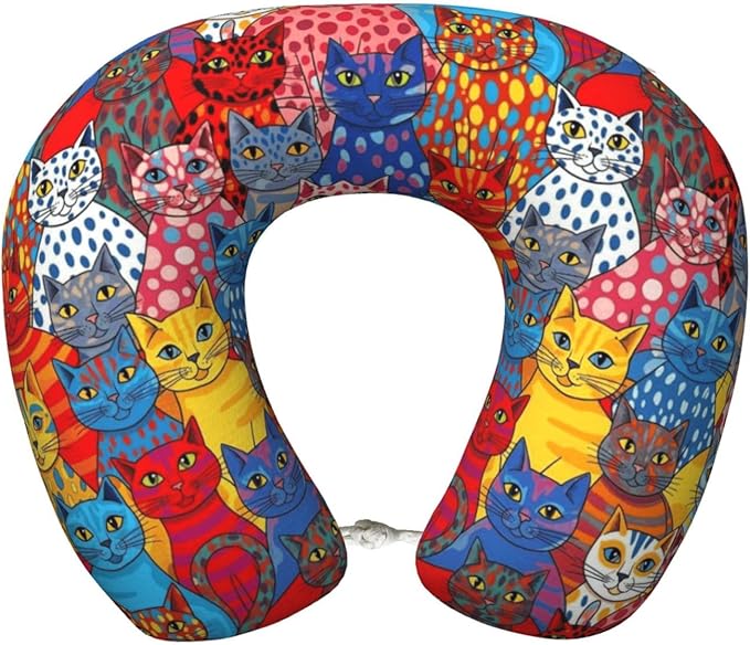 Neck Pillows for Travel Colorful Cats Painting, Women and Men Airplane Car Pillow, Neck Support U Shaped Pillow for Rest Pain Relief Sleeping