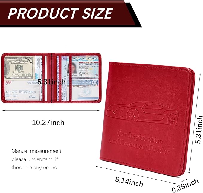 Registration and Insurance Card Holder, Vehicle Glove Box Car Organizer with Magnetic Closure, Interior Car Accessories for Documents, Cards, License Storage, 1-Pack Red