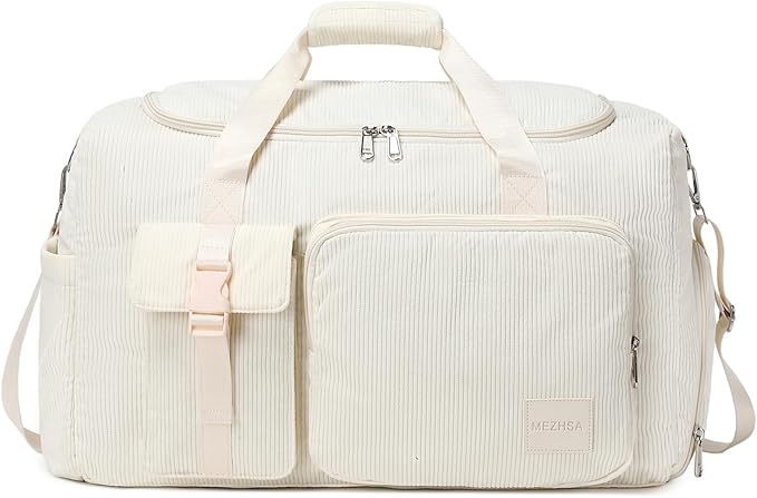 Girls Duffle Bag Woman Corduroy Travel Bag Kids Sports Duffel Bags With Shoe Compartment Wet Pocket (Beige)