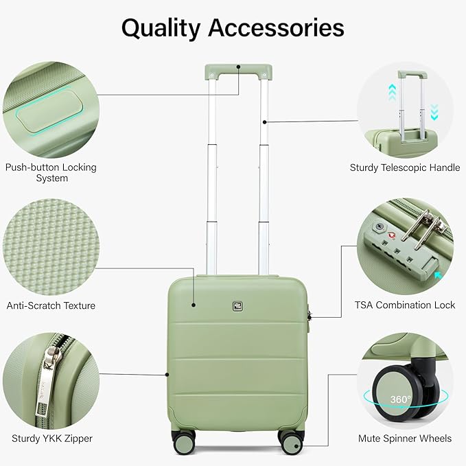 Hanke 16 Inch Underseat Carry On Luggage with Wheels Hard Shell Mini Small Suitcases Carry On Bag for Airline Approved TSA Luggage Lightweight Travel Suitcase(Bamboo Green)