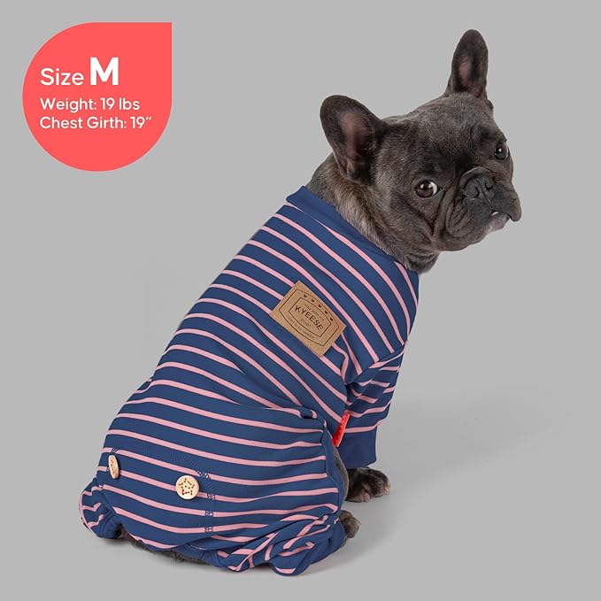 KYEESE Dog Pajamas, Soft 4 Legs Doggie Jammies, Striped Velvet Fleece Dog PJS, Pet Jumpsuit Puppy PJS, Soft Pajamas Stretchable Outfit, Cozy Onesie Sleepwear,Navy Blue Striped, Small