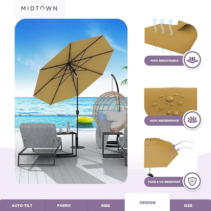 Midtown Umbrellas 10-Year-No-Fade - 6 Ft - UV Proof Sand (Tan) Polyester Fabric - Umbrella Outdoor Patio, Aluminum Frame Large Patio Umbrella for Garden, Pool & Deck - Black Pole