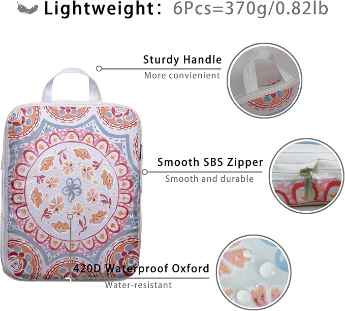 6 Pcs Compression Packing Cubes, Packing Cubes for Travel, Waterproof Luggage Organizer Bags Set, Cute Packaging Cubes for Women Kids Backpack Carry-Ons