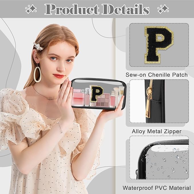 Personalized Initial Letter Clear Makeup Bag,Preppy Small Nylon&PVC Cosmetic Zipper Bag with Chenille Letter,Travel Skincare Toiletry Bag,Monogram Christmas Gift for Teen Girls Women,P