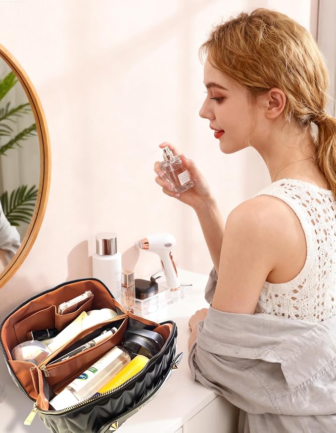 Travel Makeup Bag for Women, Large Capacity Cosmetic Bags for Girls, Compact Pouch Make up Organizer, Waterproof Toiletry Bag with Divider and Handle (Black)