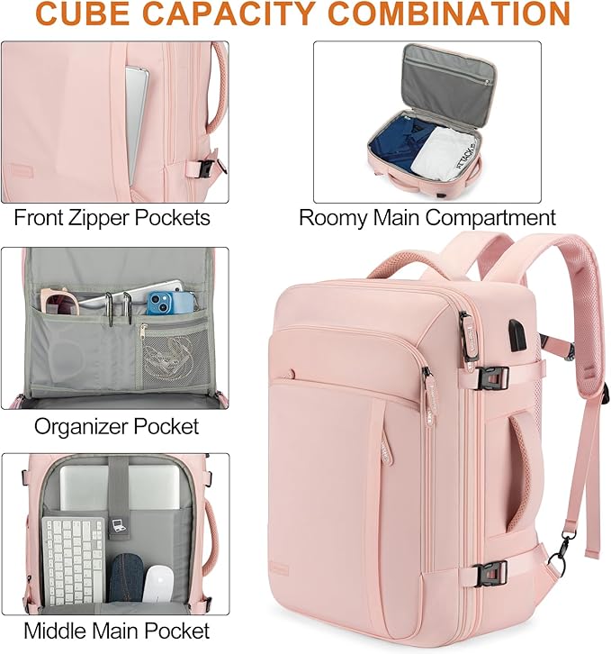 Lumesner Carry on Travel Backpacks, Extra Large 40L Flight Approved for Men & Women,Expandable Suitcase backpack (Pink (Backpack With 4 Packing Cubes))