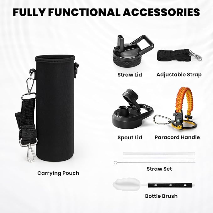 Insulated Water Bottle 24oz, Triple Wall Vacuum Stainless Steel (Cold for 48 Hrs, Hot for 24Hrs), Leak Proof & Non-BPA, 24oz Hydro Water Flask with Paracord Handle & Straw Spout Lids