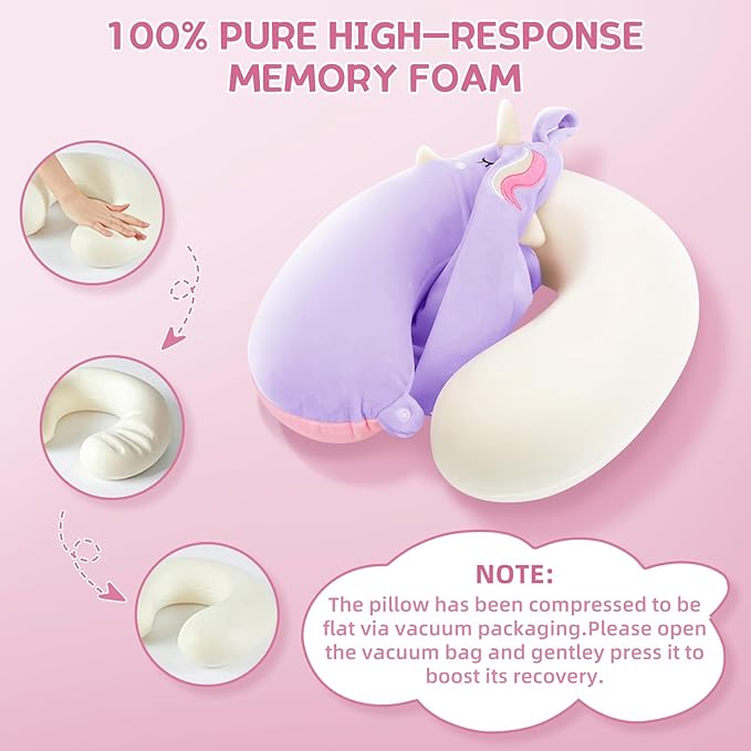 Kids Neck Pillow for Traveling, Unicorn Kids Travel Pillow with Eye Mask, Toddler Travel Essentials for Road Trip Airplane Flight Car Seat, Cute Cartoon Headrest Memory Foam Pillows Gift for Girl Boy