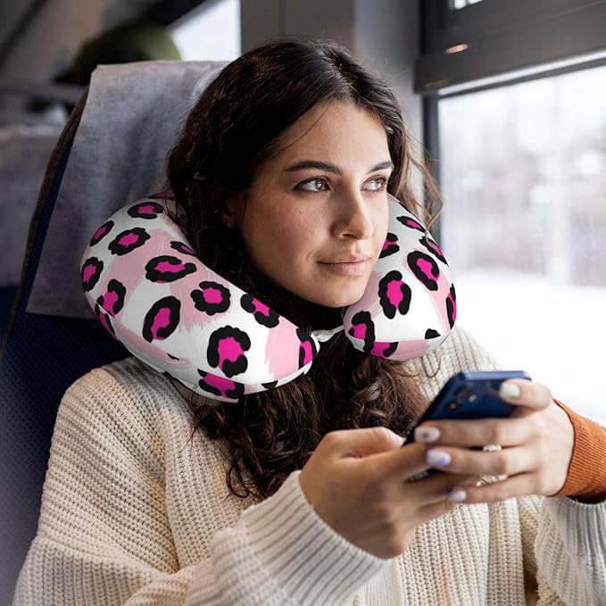 Travel Pillow for Boys and Girls, Comfortable Neck Chin Head Support Cushion Pink Cheetah Animal Skin Leopard Print, Comfortable for Airplanes Car Sleeping Rest
