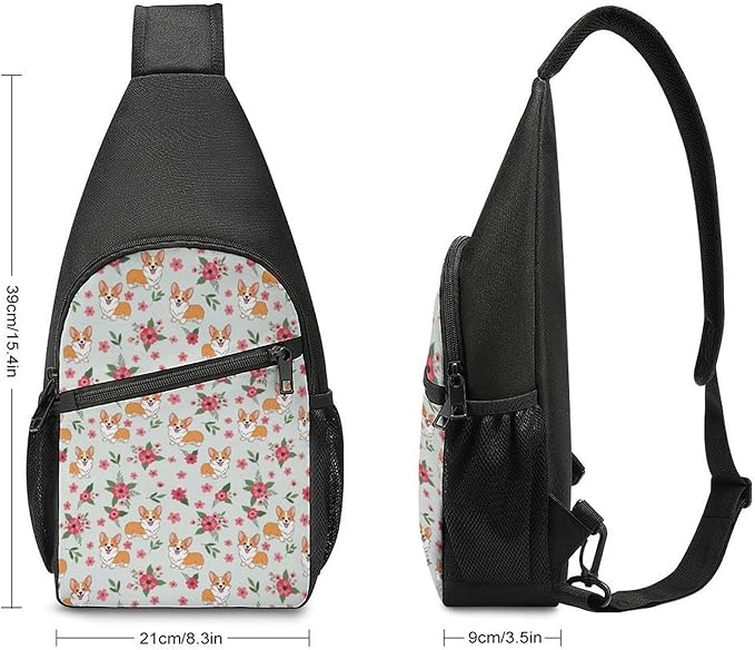 SWEET TANG Sling Bag Crossbody Backpack for Women Men, Breathable Multipurpose Satchel Bag Cute Pink Flowers Floral Corgi, Anti Theft Funny Outdoor Daypack