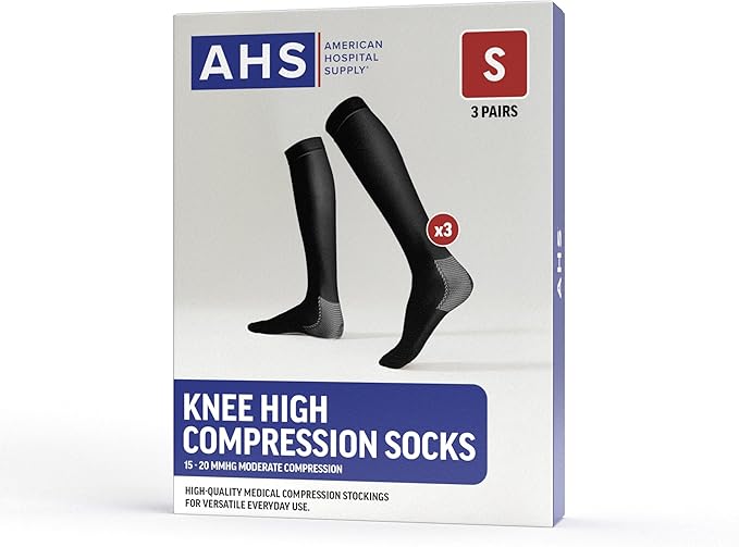 American Hospital Supply – Knee High Compression Socks – 15–20 mmHg, Black, Small – Lightweight Medical Stockings – Pack of 3 Pairs