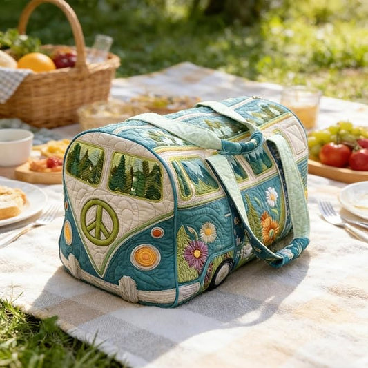 Hippie Journey Quilted Duffel Bag Hippie Van Travel Duffel Bag Vintage Floral Weekender Overnight Bags Women Gym Bags