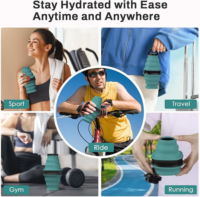 2pcs Collapsible Water Bottles,600ml Foldable Water Bottle BPA Free Reusable Lightweight LeakProof Silicone Bottle for Travel Hiking Camping Sports,Collapses to 1.5” with Anti-Collapse Ring