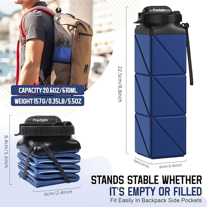 Collapsible Water Bottles 20.6oz Foldable Water Bottle BPA Free Reusable Lightweight LeakProof Travel Silicone Water Bottles for Travel Gym Hiking Camping (Upgrade Dark Blue)