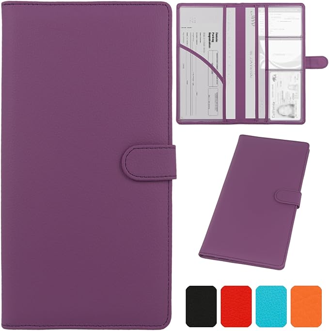 Car Registration and Insurance Holder, Leather Magnetic Shut Vehicle Glove Box Organizer for Document, Card, Driver License, Purple