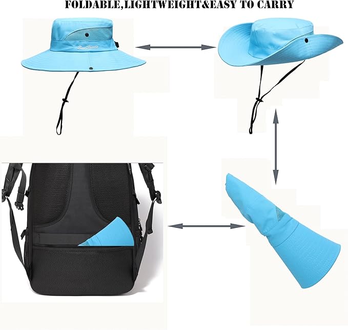 Womens Summer Sun Hat Beach Hat Wide Brim Outdoor UV Protection Hat Foldable Cool Mesh Ponytail Bucket Hat