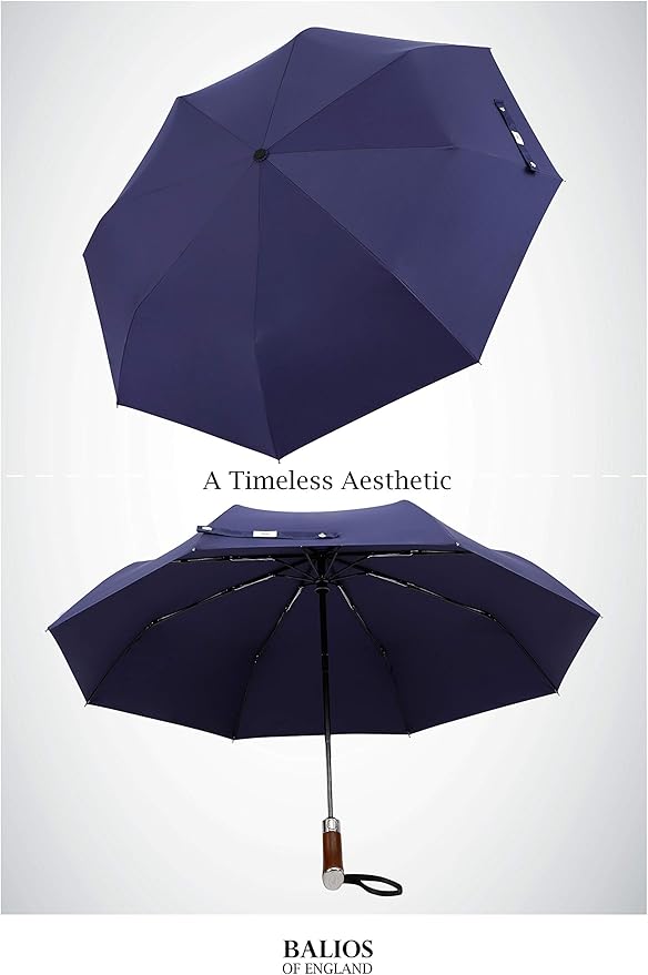 Balios (Designed in UK) Travel Umbrella Luxurious Golden Hardwood Handle Auto Open & Close Windproof Frame Single Canopy Automatic Folding Umbrella Men's & Ladies
