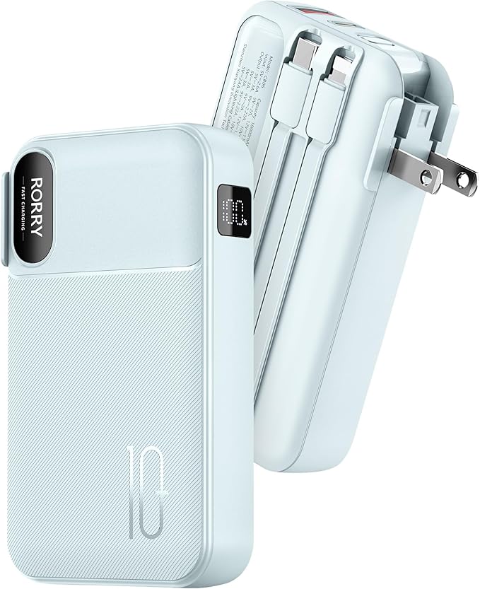 RORRY Portable Charger Built in Cables, AC Wall Plug in Portable Charger Power Bank 10000mAh Travel Battery Pack 22.5W Fast Charging for iPhone 17/16/15 Samsung Galaxy S24/S23/S22 Pixel LG iPad, Blue