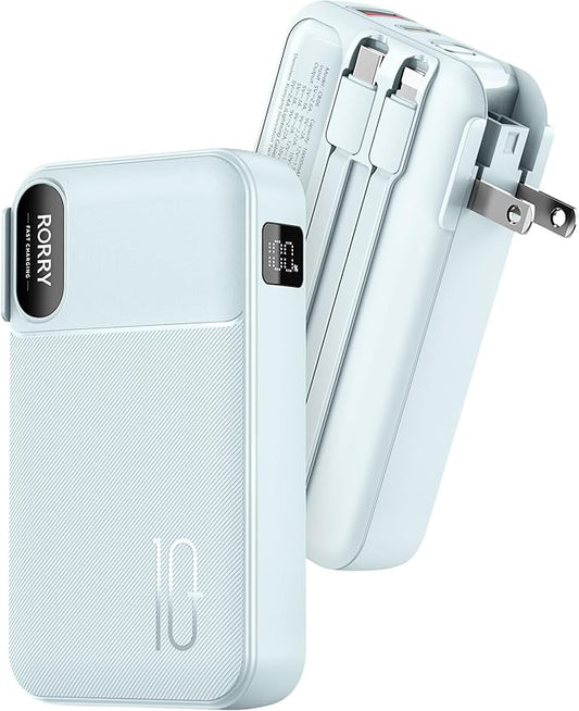 RORRY Portable Charger Built in Cables, AC Wall Plug in Portable Charger Power Bank 10000mAh Travel Battery Pack 22.5W Fast Charging for iPhone 17/16/15 Samsung Galaxy S24/S23/S22 Pixel LG iPad, Blue