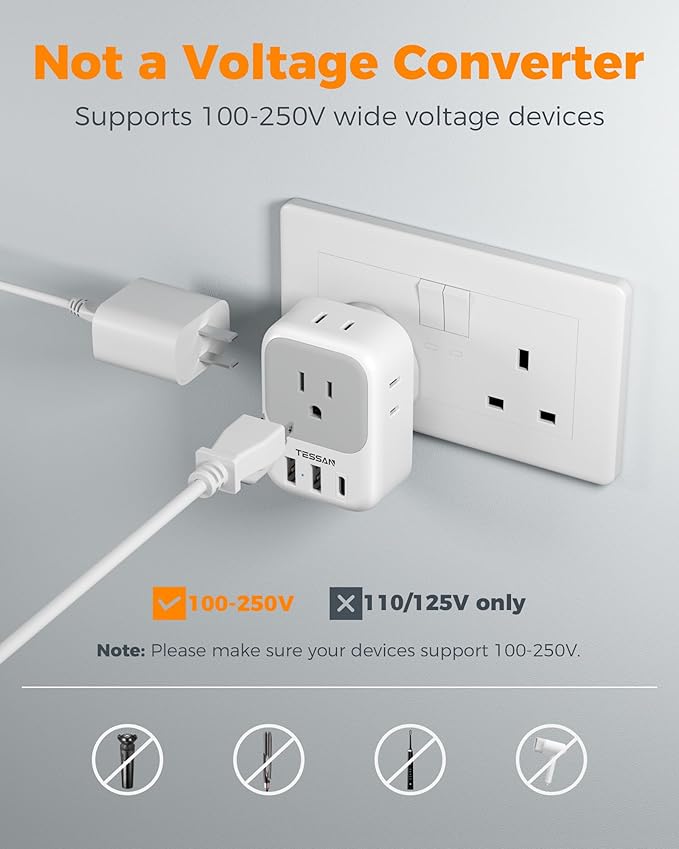 US to UK Plug Adapter, TESSAN Type G Travel Converter with 3 USB Charger(1 USB C Port), 4 Outlets Power Adaptor for USA to Qatar Ireland Hong Kong England Scotland Kenya Dubai London British