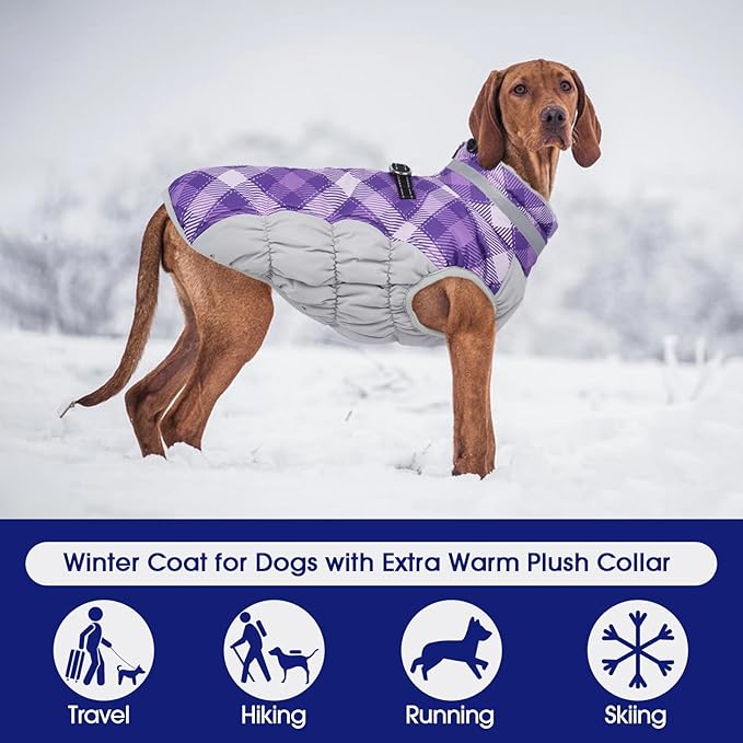 FUAMEY Dog Coat for Small Dogs,Waterproof Dog Winter Jacket with Harness Built in Puppy Cold Weather Coats Reflective Pet Vest with Zipper Warm Fleece Dogs Snowsuit Windproof Purple Plaid S