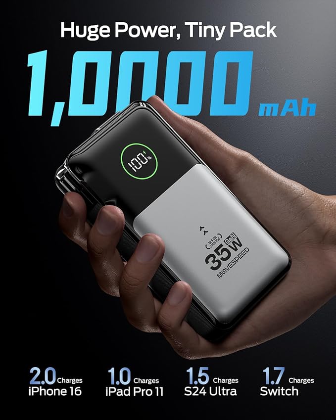 MOVE SPEED 3 in 1 Portable Charger with Built-in Retractable 27.6in Cable and Foldable Wall Plug, 35w 10,000mAh Fast Charging Power Bank, Travel Essential Battery Pack for iPhone 17/16/15,Galaxy
