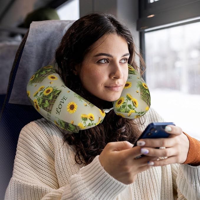 Comfortable Memory Foam Neck Pillow Retro Sunflower, Travel U Shaped Airplane/Car/Flight Pillows with Removable Zipper Cover, Chin Head Neck Support Cushion