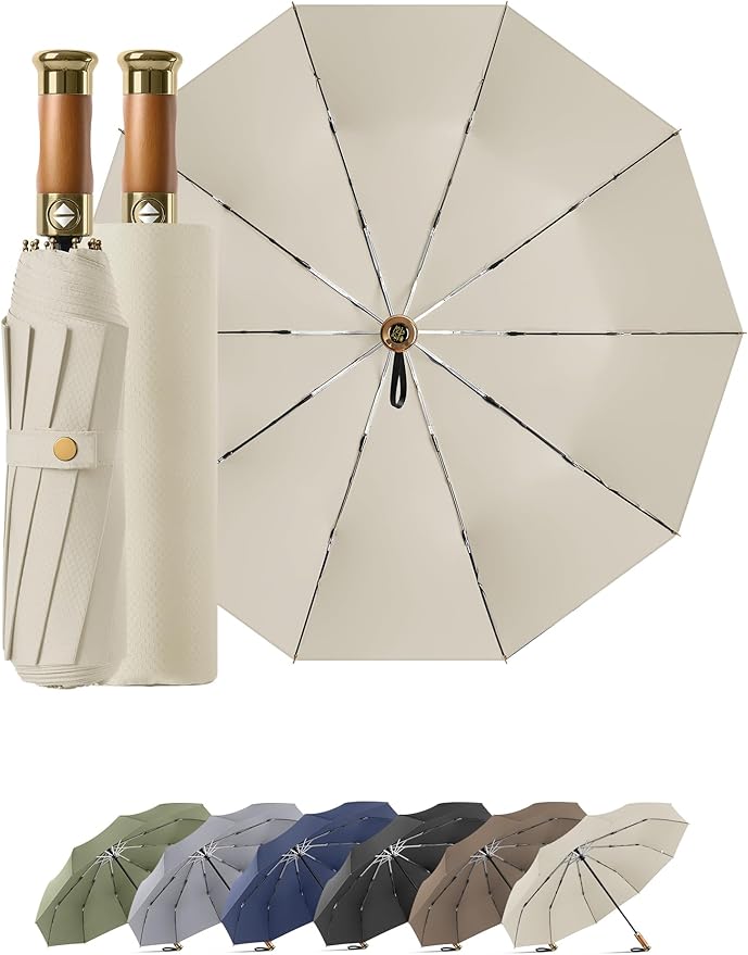 Rain Cats Large Umbrella 45 Inch diameter Umbrellas for rain Strong10 Ribs Fiberglass Windproof big Compact Automatic portable Folding Travel/Thick Fabric/Wood handle