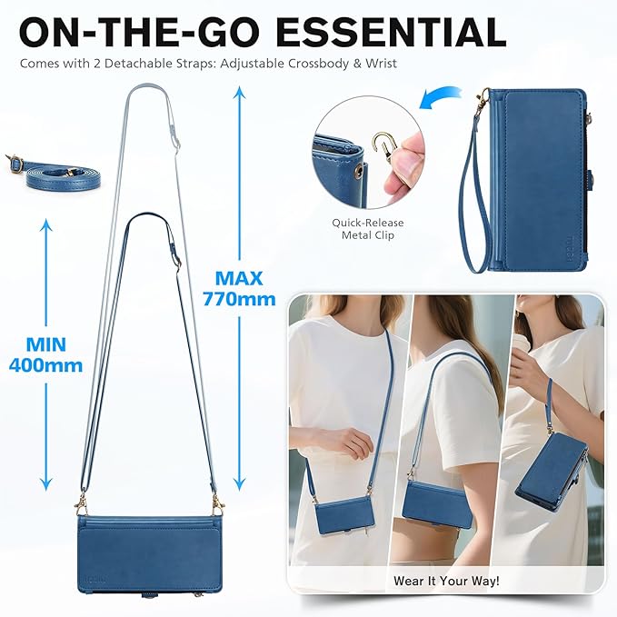 TUCCH Removable Crossbody Case Wallet for iPhone 17 Pro (6.3") 2025, Wireless Charging, RFID Blocking 9 Card Slots, Lanyard, Wrist Strap, Zipper Pocket, PU Leather, Stand Magnetic Cover, Light Blue