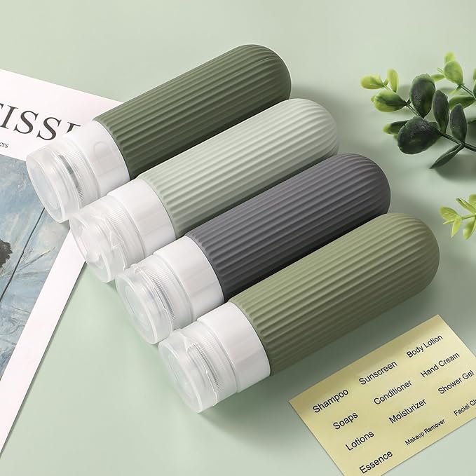 ME.FAN Travel Bottles for Toiletries, TSA Approved 3oz Silicone Journey Size Containers, Portable Split Bottle for Conditioner, Shampoo, Lotion- 4 Pack Desert Sage