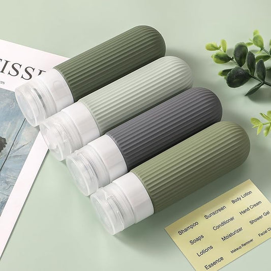 ME.FAN Travel Bottles for Toiletries, TSA Approved 3oz Silicone Journey Size Containers, Portable Split Bottle for Conditioner, Shampoo, Lotion- 4 Pack Desert Sage