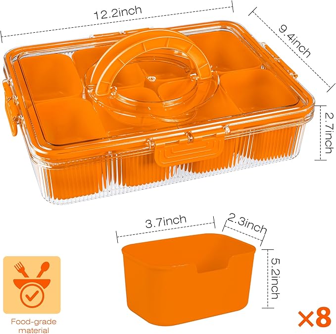Patent Divided Serving Tray with Lid & Handle - Snackle Box Organizer for Charcuterie, Sandwiches, Veggies, Fruits, Candy - Portable Food Storage for Travel, Beach, Picnics（1 pcs, Orange）