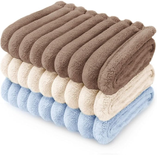 LINENLUX 1 Pack 3 Soft Dog Blanket Washable Warm Fleece Cat Blankets for Pet Puppy Fluffy Calming Flannel Brown/White/Blue Medium