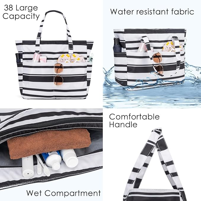 KABAQOO Extra Large Beach Bag Waterproof Sandproof Women Beach Tote with Zipper & Wet Compartment for Pool Gym Grocery Travel