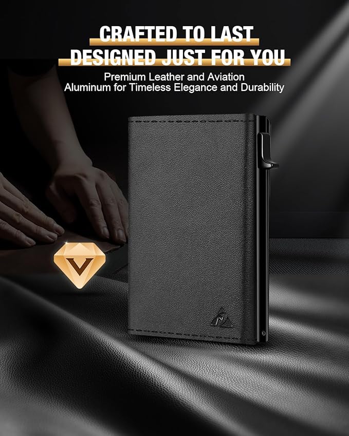 Mens Wallet Card Holder - Pop Up Aluminum Case, Premium Flexible Microfiber Leather, Smart Wallet for Men, RFID Blocking, Slim, Minimalist, Front Pocket - 9-14 Card Capacity | ID Window | Cash Slot