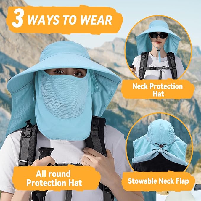 Sun Hats for Men Women Detachable Face Cover Wide Brim Fishing Hats with Neck Flap UPF 50+ Outdoor Safari Hats