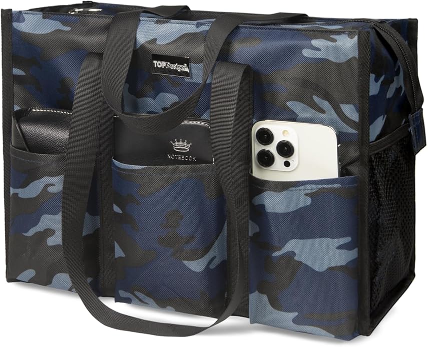 TOPDesign Utility Water Resistant Tote Bag with 13 Pockets, Top Zipper Closure & Thick Bottom Support, for Working Women