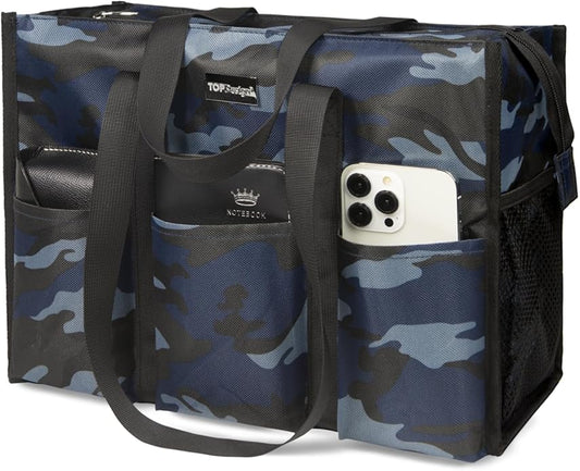 TOPDesign Utility Water Resistant Tote Bag with 13 Pockets, Top Zipper Closure & Thick Bottom Support, for Working Women