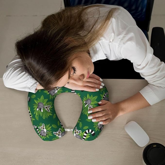Neck Support Pillow, Comfortable Memory Foam Car/Flight/Airplane Chin Pillows U Shaped Cushion for Office Travel Sleeping Lemurs Monkey Tropical Green Leaves Floral
