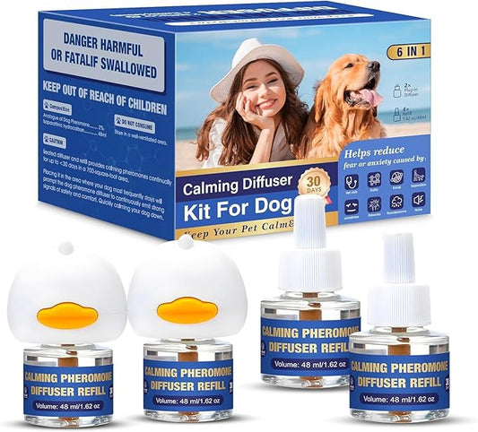Dog Pheromone Calming Diffuser: Relaxing Pheromone Diffuser for Dogs Relief Stress Anxiety Fighting Scratching Barking, Dog Calming Pheromone Diffuser Kit with 2 Plug in Diffuser+4 Refill 48ml (6in1)
