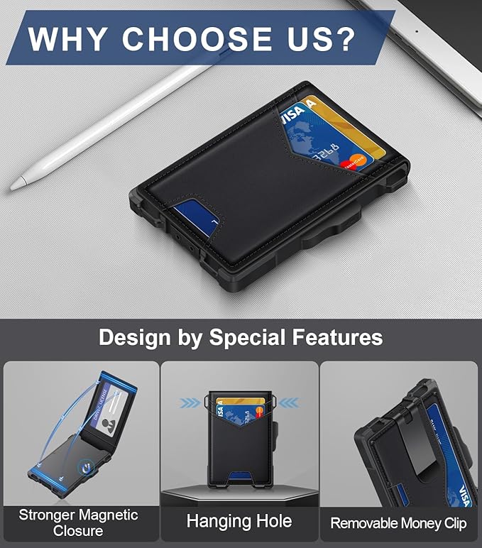 Wallet for Men, Minimalist Slim Mens Wallet with Money Clip, RFID Blocking Smart Pop Up Card Wallet with ID Window, Compact Bifold Wallet,Metal Aluminum Credit Card Holder