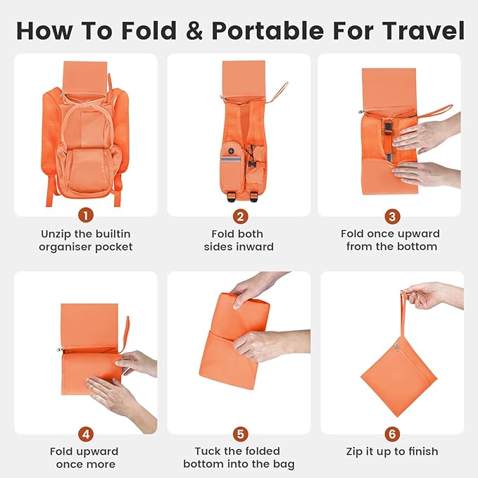 Small Hiking Backpack 10L - Lightweight Packable Foldable Backpack for Travel Camping Outdoor Commute, Compact Rucksack for Women Men(Orange)