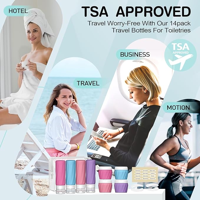 14pack Travel Bottles for Toiletries, TSA Approved Travel Size Toiletries Containers Set, Premium Silicone Leak Proof Refillable Bottles & Creams Jars Accessories Kit W/Clear Bag (Vibrant)
