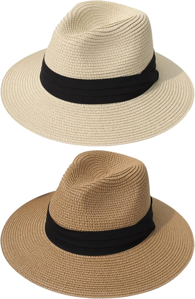 DRESHOW Women Straw Panama Hat Travel Fedora Beach Sun Hat Summer Wide Brim Straw Roll up Hat UPF 50+