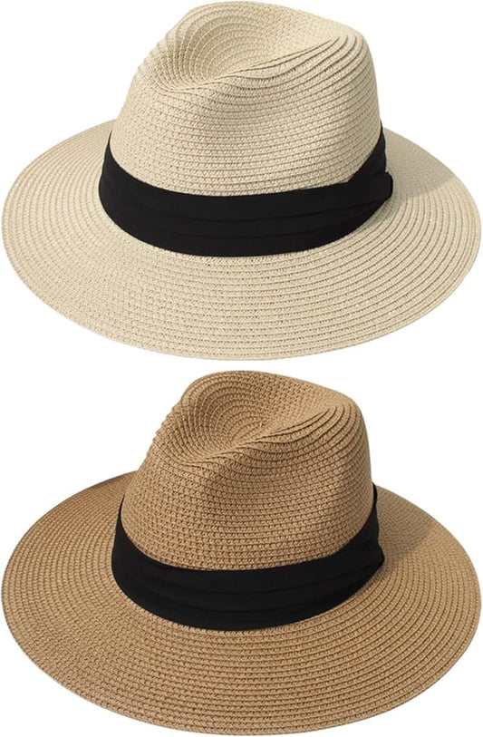 DRESHOW Women Straw Panama Hat Travel Fedora Beach Sun Hat Summer Wide Brim Straw Roll up Hat UPF 50+