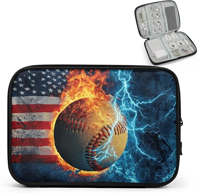 Vintage Baseball Travel Cable Organizer Pouch Fire American Flag Electronics Accessories Carry Case Portable Water Resistant Storage Bag for Cord Charger Phone Earphone SD Card